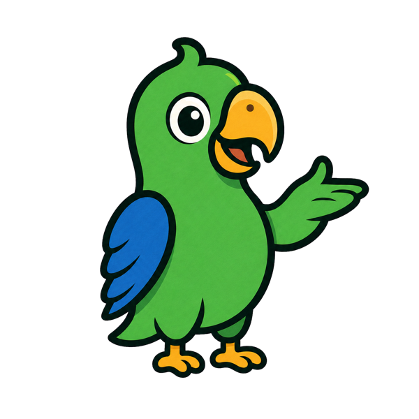 Polyteis the mascot: a green parrot teaching with a pointer stick